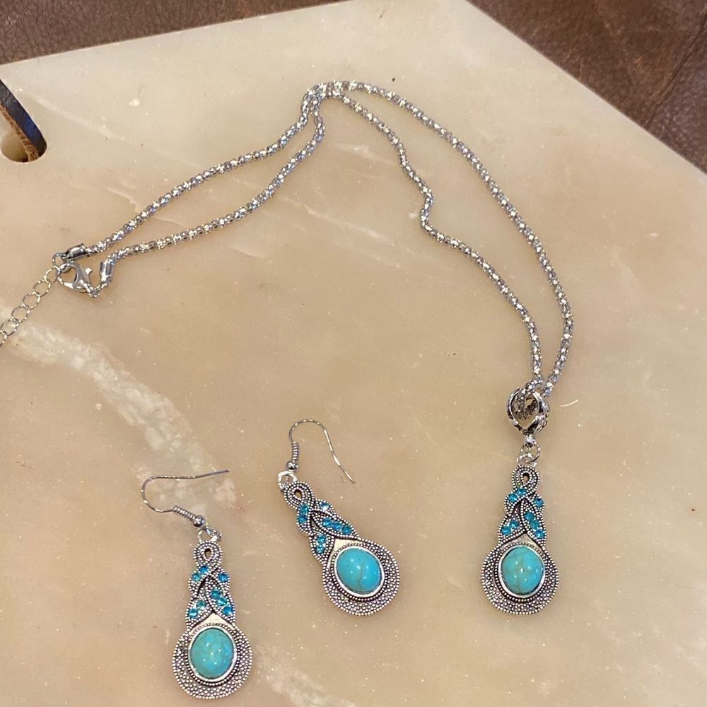 Faux turquoise, matching earrings, and necklace set